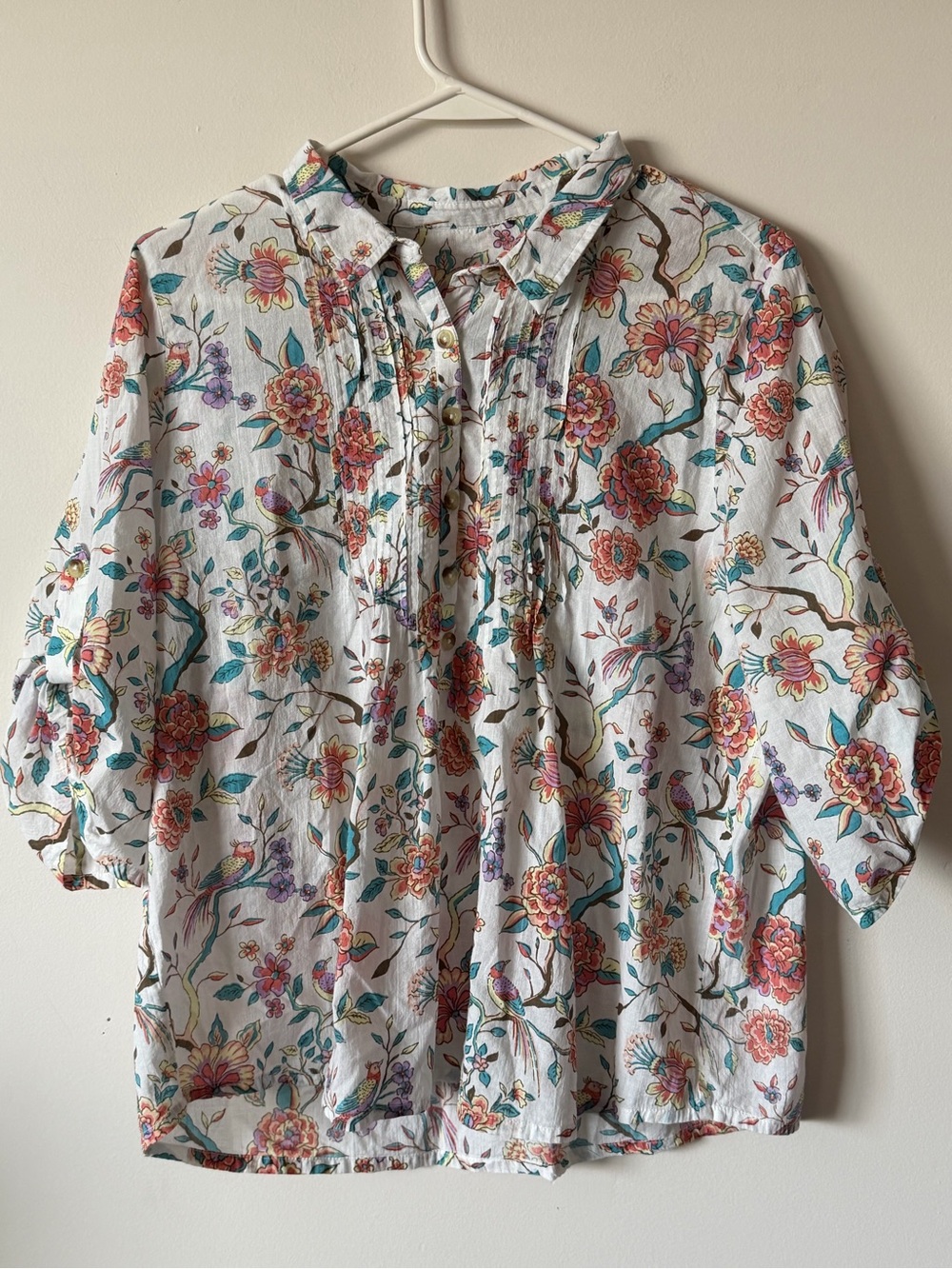 White Floral Pintuck Ruffle-Neck Blouse